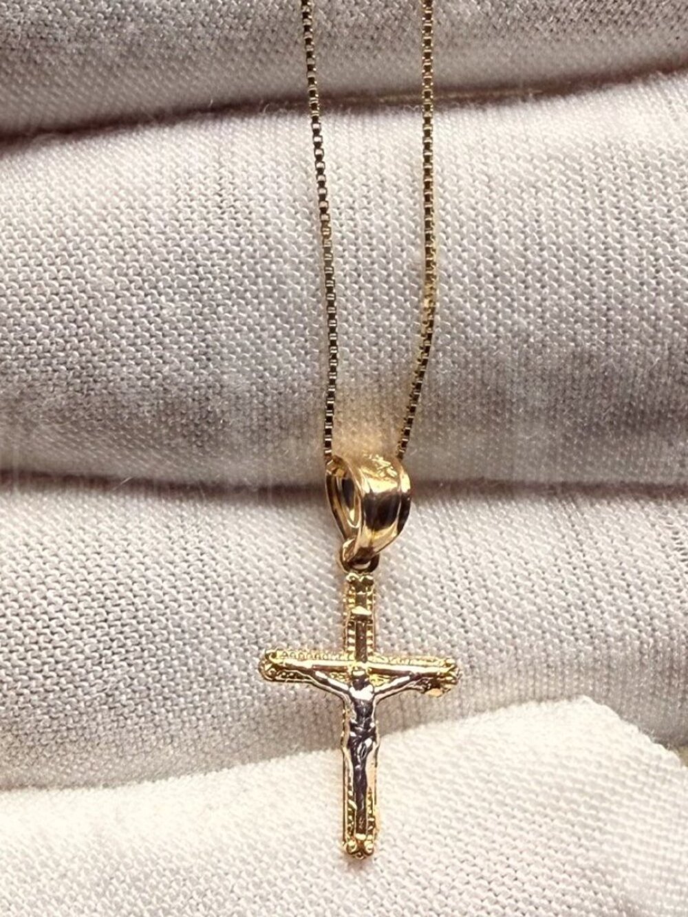 14K Two Tone Gold Tiny Crucufix Pendant With 0.8mm Box Chain - 20 inch